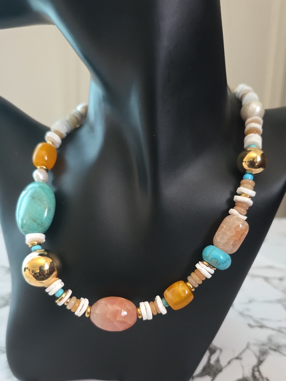 Handcrafted Multicolor Beaded Statement Necklace - Turquoise, Peach & Gold